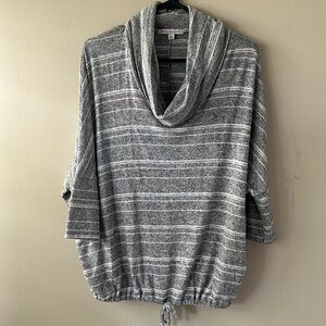 Super soft cowl neck 3/4 sleeve sweater with tie bottom and cute stripe pattern